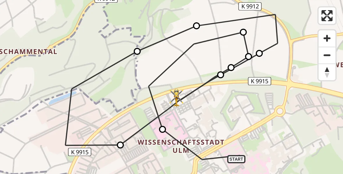 Flugroute Rettungshubschrauber Ulm Military Hospital Emergency Heliport - ADAC Air Rescue Station Ulm (Christoph 22), 10 Februar 2026, 17:08