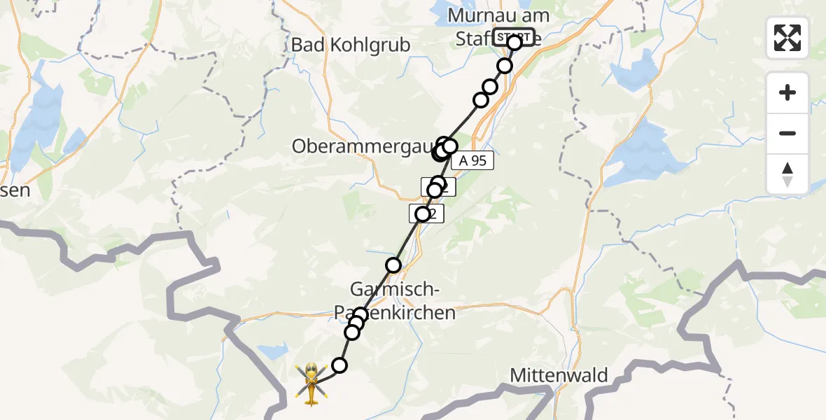 Flugroute Rettungshubschrauber Murnau Accident Hospital Heliport - Grainau, 10 Februar 2026, 17:15