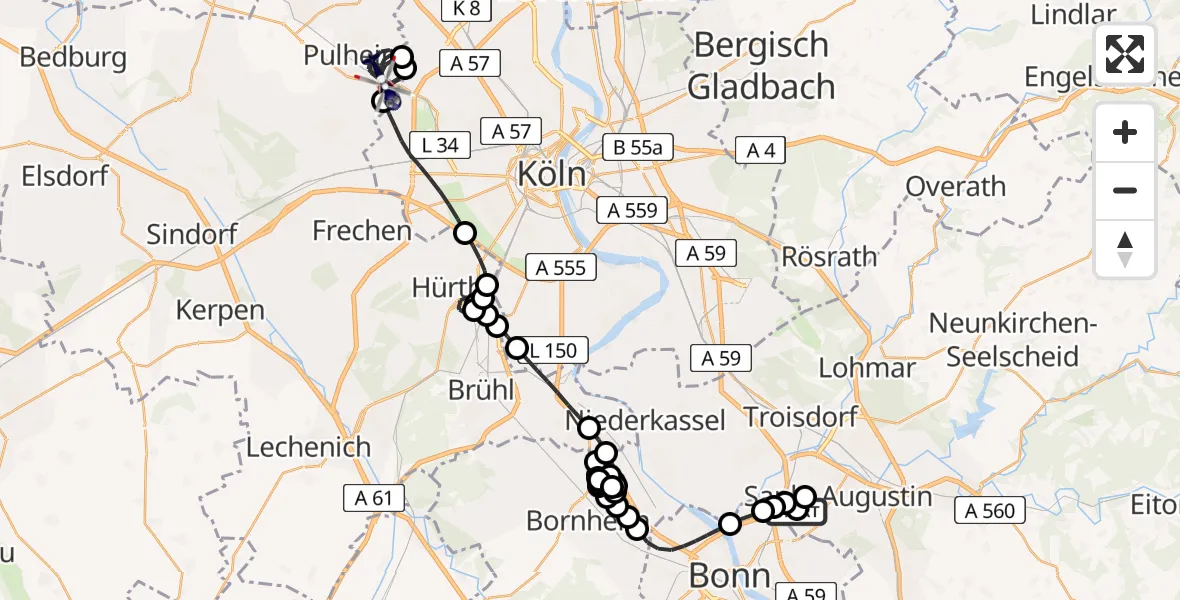 Flugroute Polizeihubschrauber Sankt Augustin - Pulheim, 10 Februar 2026, 17:18