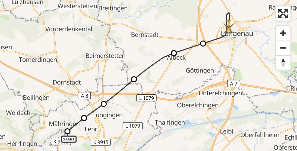 Flugroute Rettungshubschrauber ADAC Air Rescue Station Ulm (Christoph 22) - Langenau, 10 Februar 2026, 17:30