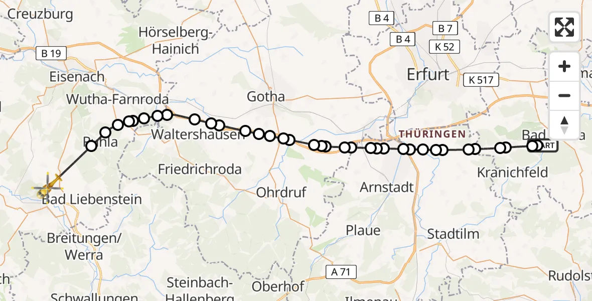 Flugroute Ambulanzhubschrauber DRF Rescue Station Bad Berka Heliport - Bad Salzungen, 10 Februar 2026, 17:43