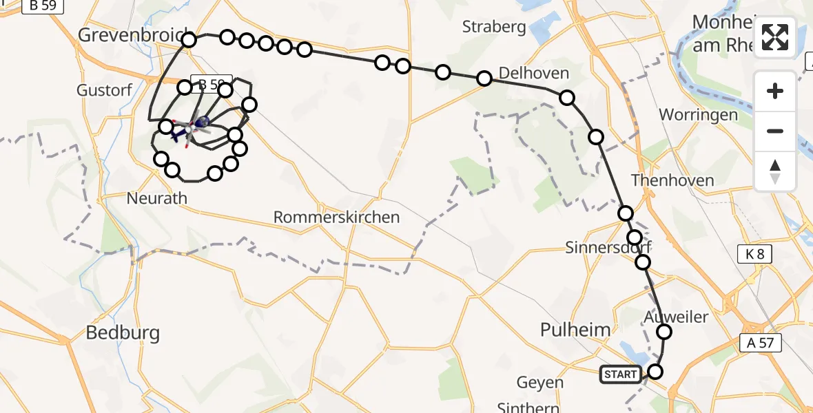 Flugroute Polizeihubschrauber Pulheim - Allrath, 10 Februar 2026, 18:12