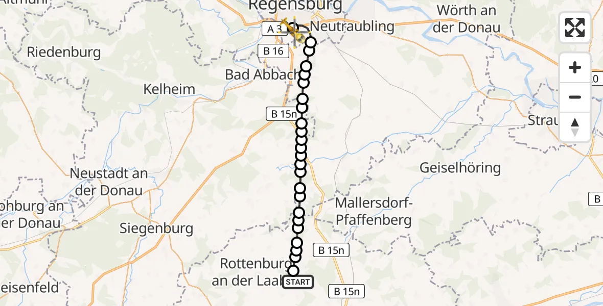 Routekaart van de vlucht: Rettungshubschrauber nach DRF Air Rescue Station Regensburg / Regensburg University Hospital Heliport