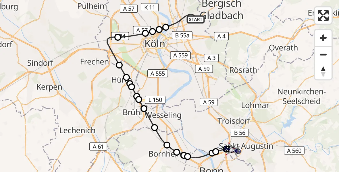 Flugroute Polizeihubschrauber Mülheim - Sankt Augustin, 10 Februar 2026, 19:29
