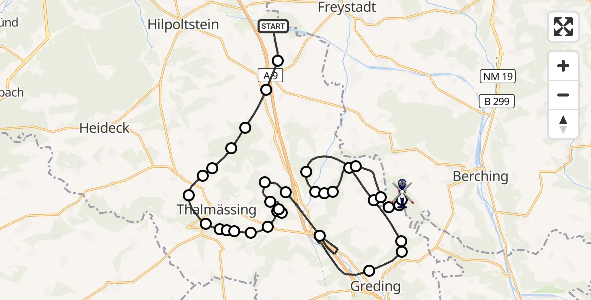 Flugroute Polizeihubschrauber Pierheim - Berching, 10 Februar 2026, 21:23