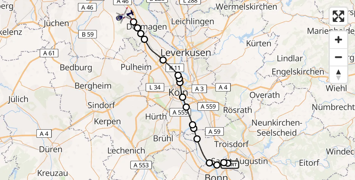 Flugroute Polizeihubschrauber Sankt Augustin - Nievenheim, 10 Februar 2026, 22:16