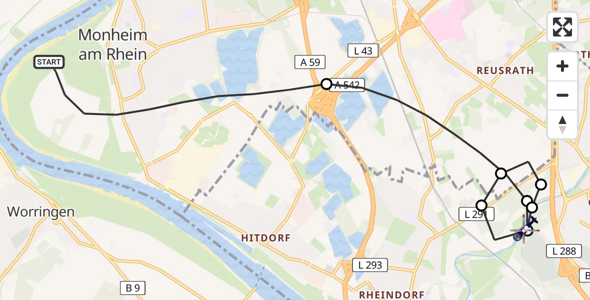 Flugroute Polizeihubschrauber Monheim am Rhein - Stadtbezirk II, 10 Februar 2026, 23:33