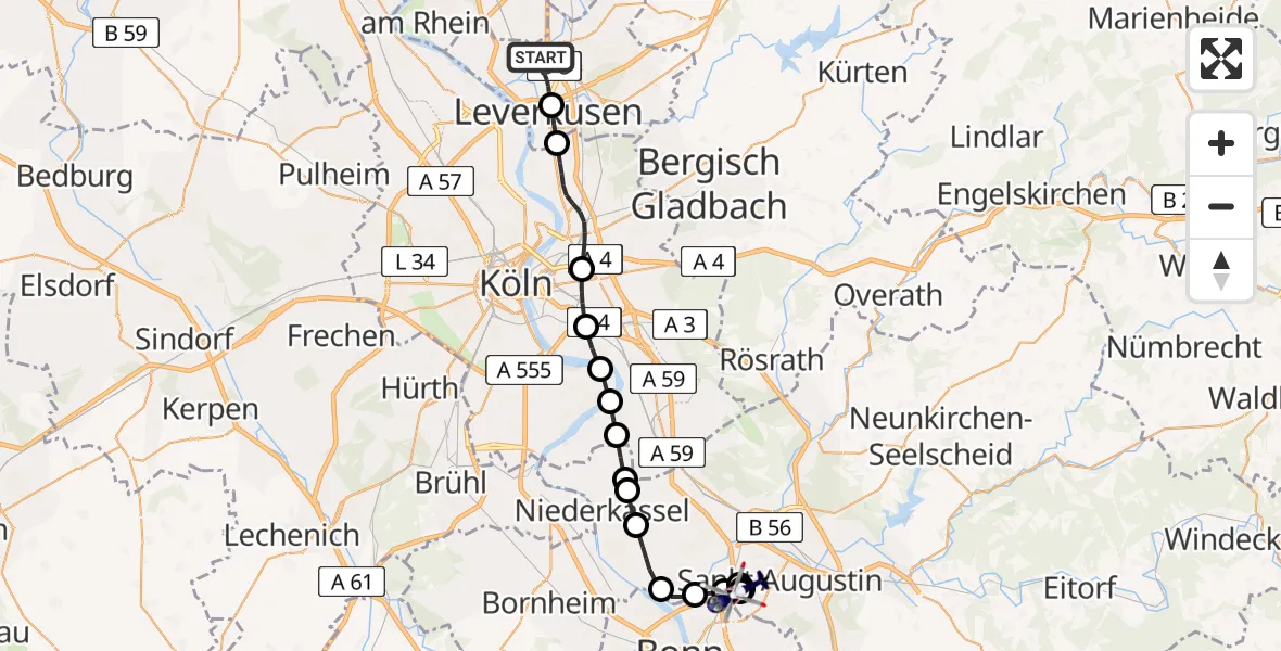 Flugroute Polizeihubschrauber Stadtbezirk II - Sankt Augustin, 10 Februar 2026, 23:43