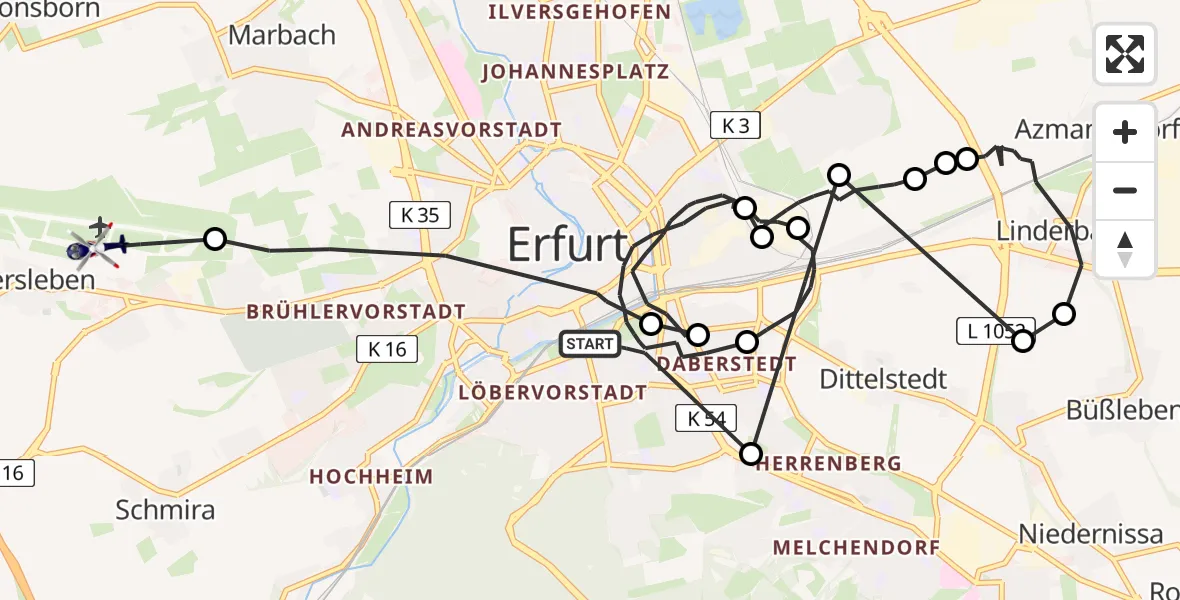 Flugroute Polizeihubschrauber Erfurt - Erfurt-Weimar Airport, 11 Februar 2026, 01:42