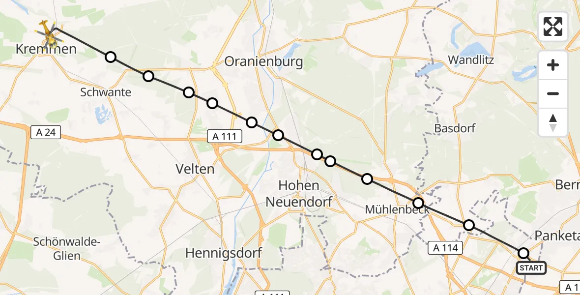 Flugroute Rettungshubschrauber Helios Clinic Berlin-Buch Heliport - Kremmen, 11 Februar 2026, 06:33