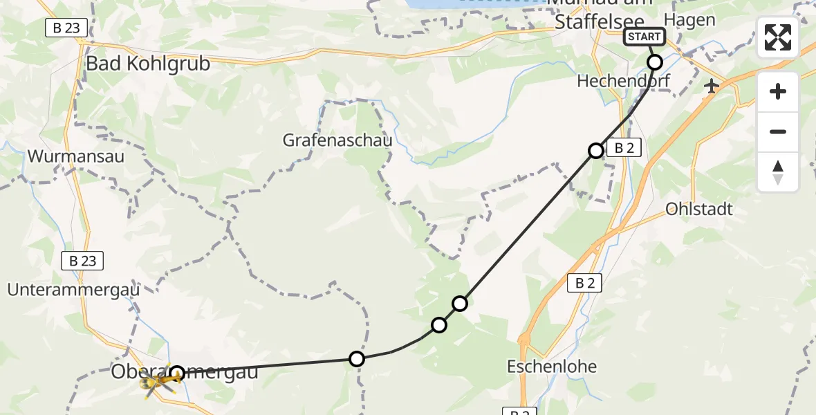 Routekaart van de vlucht: Rettungshubschrauber nach Oberammergau, König-Ludwig-Straße