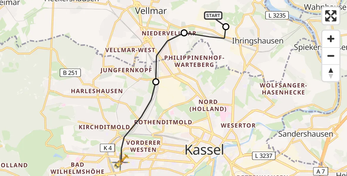Flugroute Rettungshubschrauber Fuldatal Federal Police Heliport - Kassel, 11 Februar 2026, 07:11
