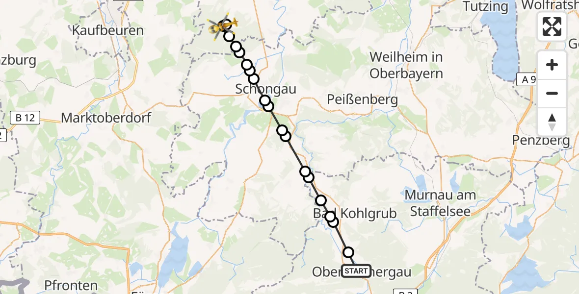 Flugroute Rettungshubschrauber Oberammergau - Dienhausen, 11 Februar 2026, 07:18