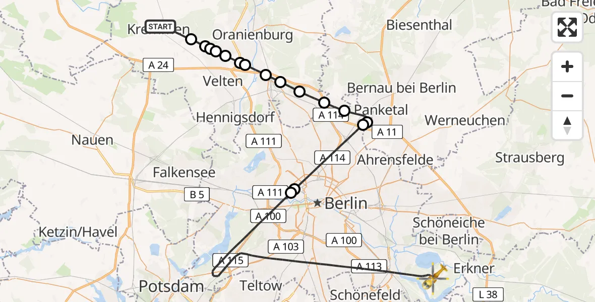 Flugroute Rettungshubschrauber Kremmen - Berlin, 11 Februar 2026, 07:36