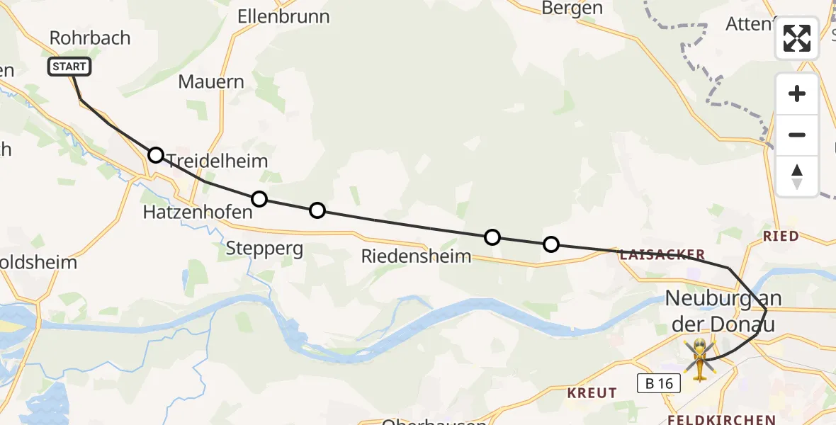 Flugroute Rettungshubschrauber Rohrbach - Neuburg an der Donau, 11 Februar 2026, 07:40