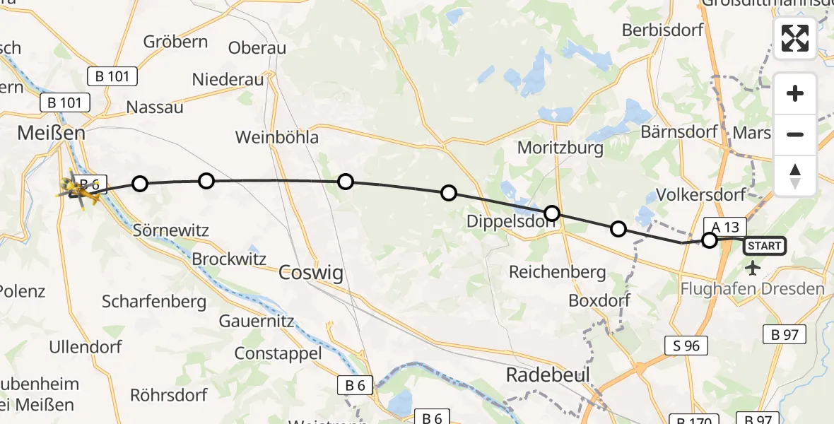 Flugroute Rettungshubschrauber Dresden Airport - Meißen, 11 Februar 2026, 07:43
