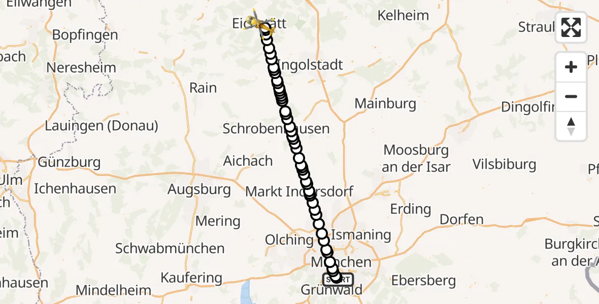 Flugroute Rettungshubschrauber ADAC Air Rescue Center Heliport (Christoph 1) - Eichstätt, 11 Februar 2026, 07:55