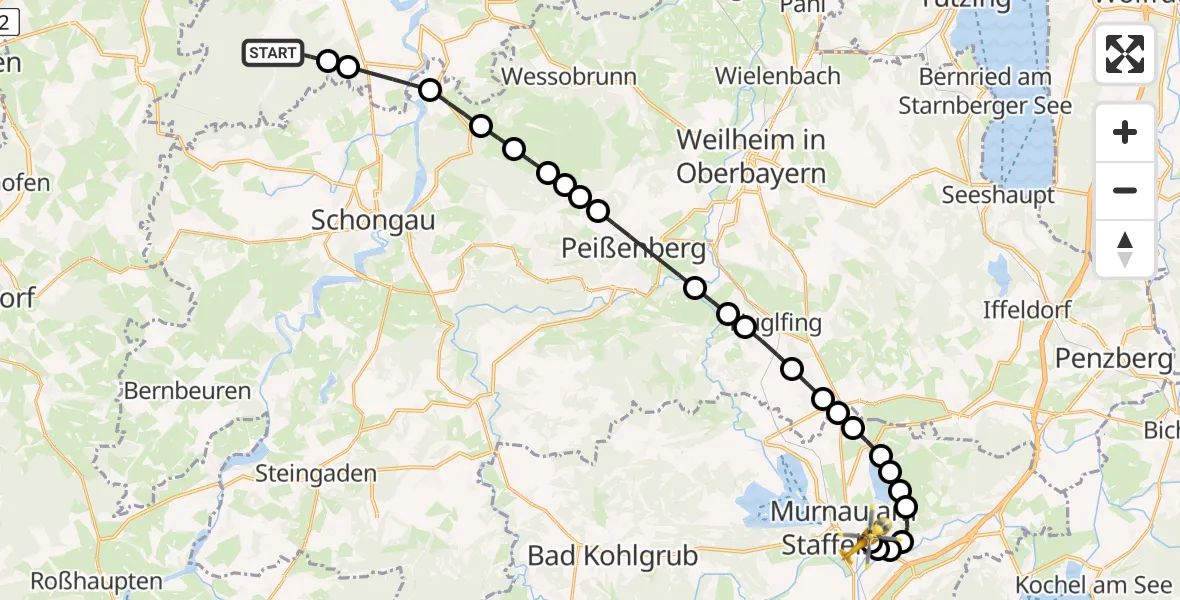 Flugroute Rettungshubschrauber Dienhausen - Murnau Accident Hospital Heliport, 11 Februar 2026, 07:55