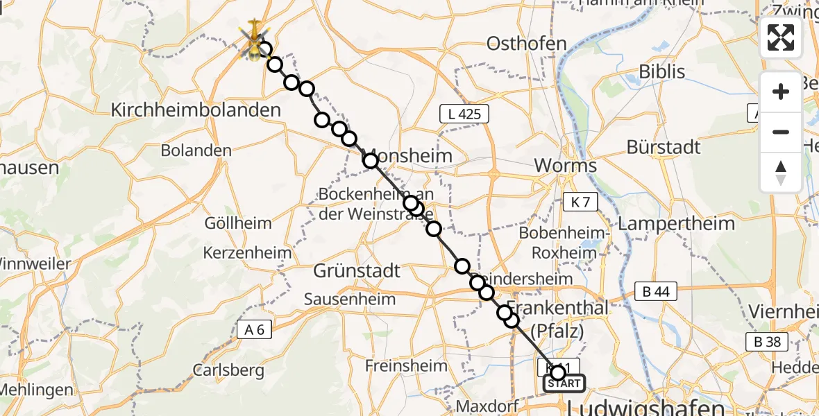 Flugroute Rettungshubschrauber Ludwigshafen am Rhein - Freimersheim, 11 Februar 2026, 07:56