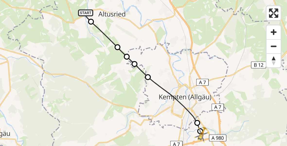 Flugroute Rettungshubschrauber Kimratshofen - Kempten-Durach Airfield, 11 Februar 2026, 08:20