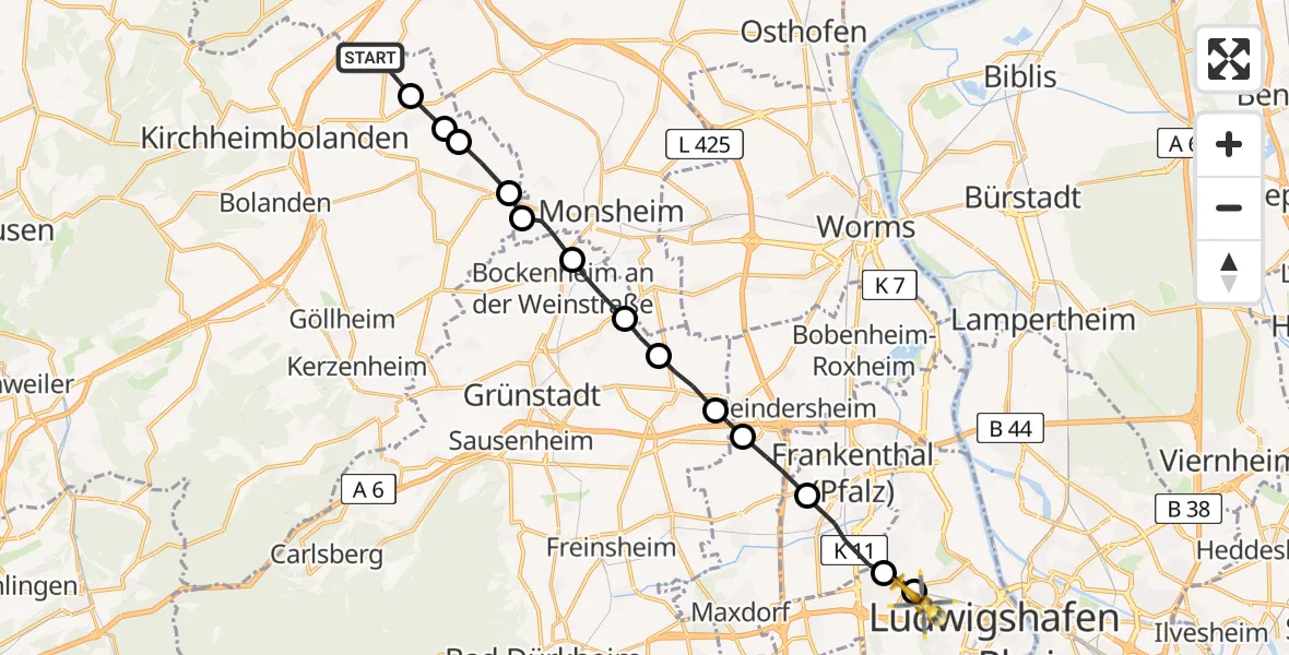 Flugroute Rettungshubschrauber Ilbesheim - Ludwigshafen Accident Hospital Heliport, 11 Februar 2026, 08:29