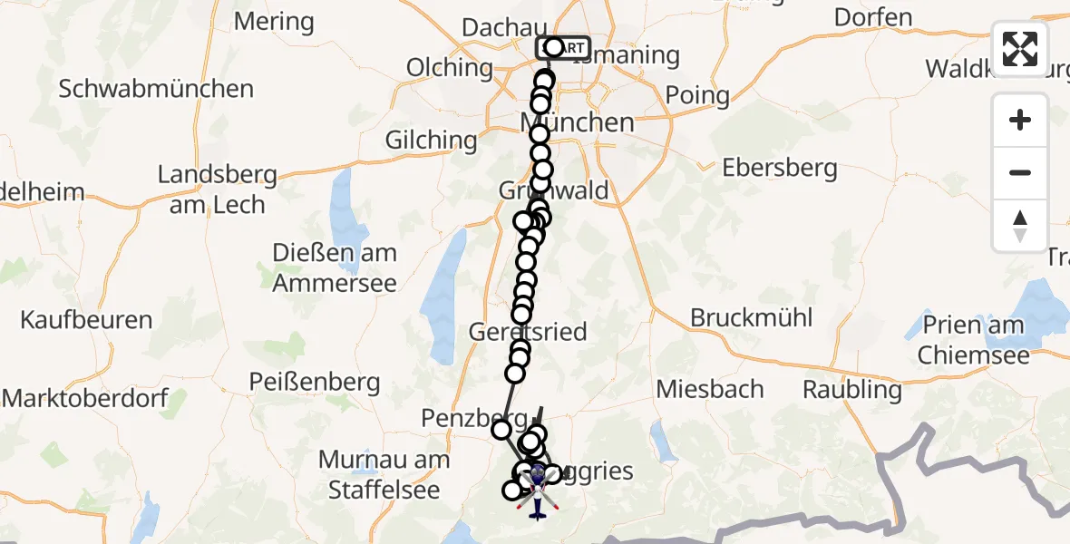 Flugroute Polizeihubschrauber Oberschleißheim - Lenggries, 11 Februar 2026, 08:30