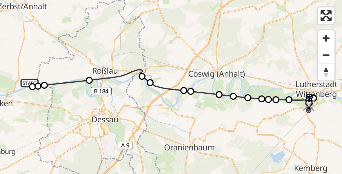 Routekaart van de vlucht: Polizeihubschrauber nach Pratau, Kienbergstraße
