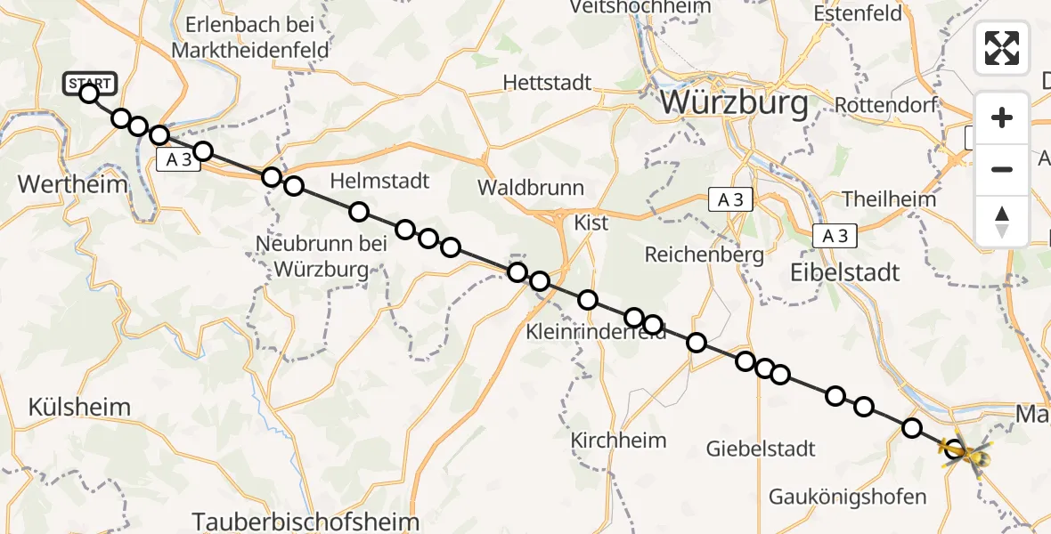 Flugroute Rettungshubschrauber Röttbach - Ochsenfurt, 11 Februar 2026, 08:55