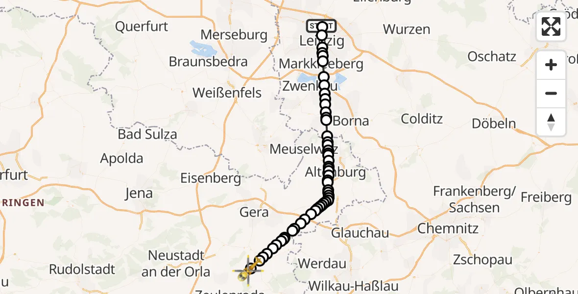 Flugroute Rettungshubschrauber Sankt Georg Hospital Leipzig Reserve Heliport - Hohenleuben, 11 Februar 2026, 08:57
