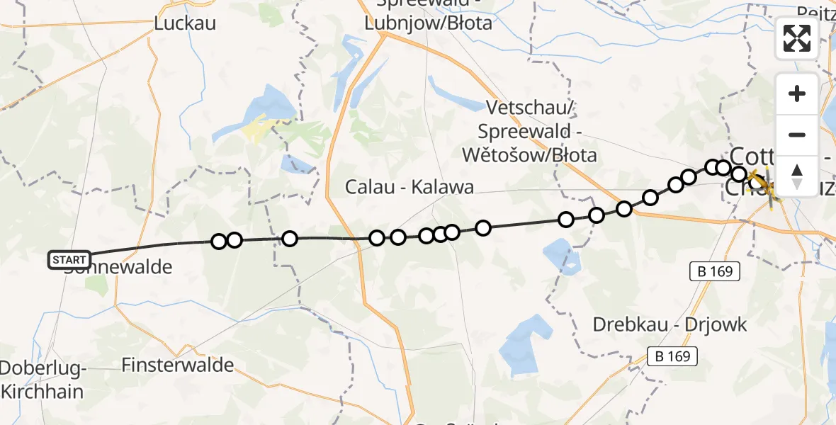 Routekaart van de vlucht: Rettungshubschrauber nach Carl Thien Hospital Cottbus Heliport