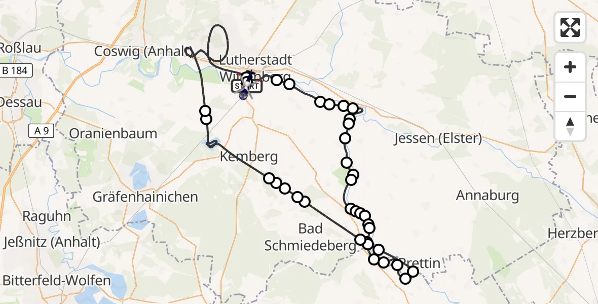 Flugroute Polizeihubschrauber Pratau - Pratau, 11 Februar 2026, 09:07