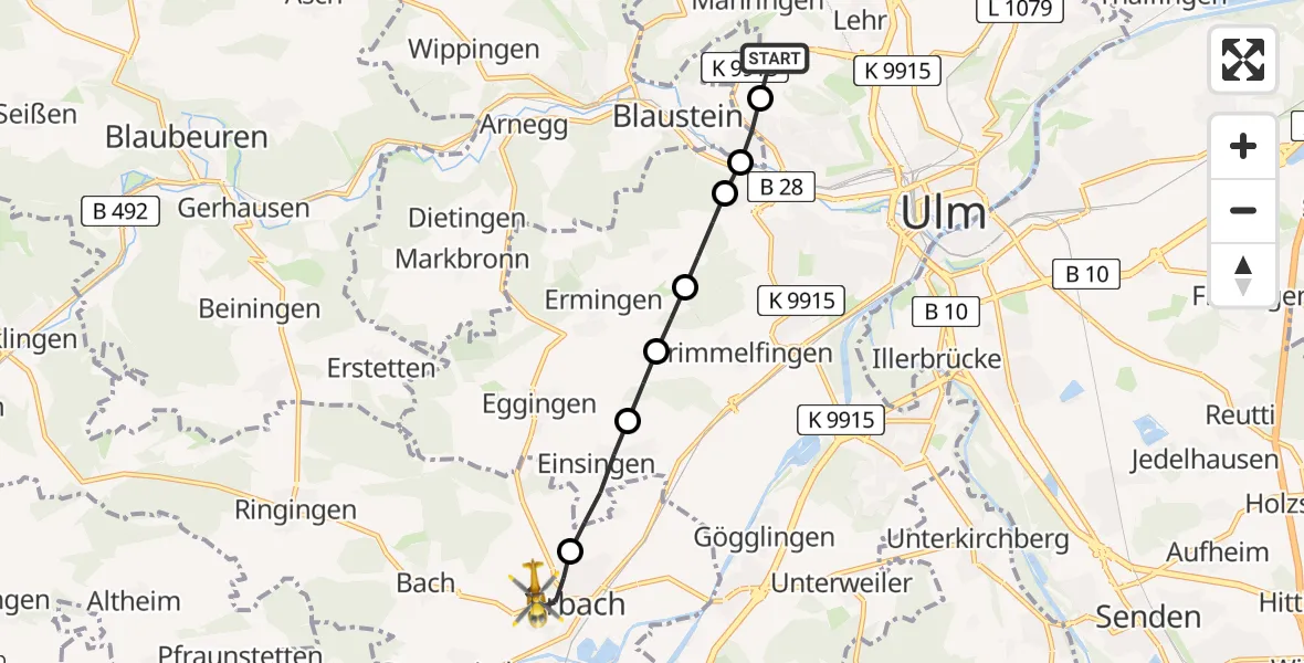 Flugroute Rettungshubschrauber ADAC Air Rescue Station Ulm (Christoph 22) - Erbach, 11 Februar 2026, 09:11