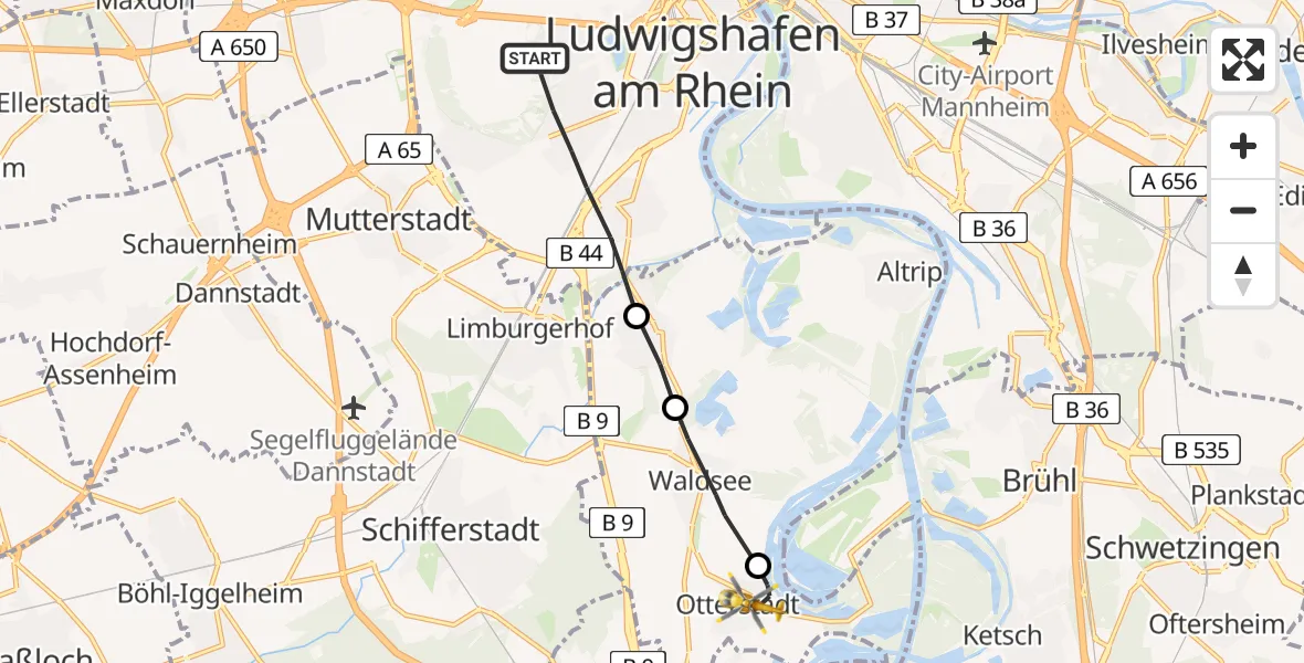 Flugroute Rettungshubschrauber Ludwigshafen am Rhein - Otterstadt, 11 Februar 2026, 09:17