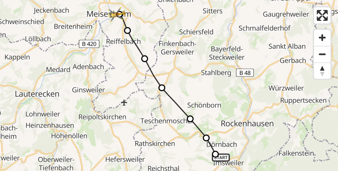 Flugroute Rettungshubschrauber Imsweiler UL - Meisenheim, 11 Februar 2026, 09:19