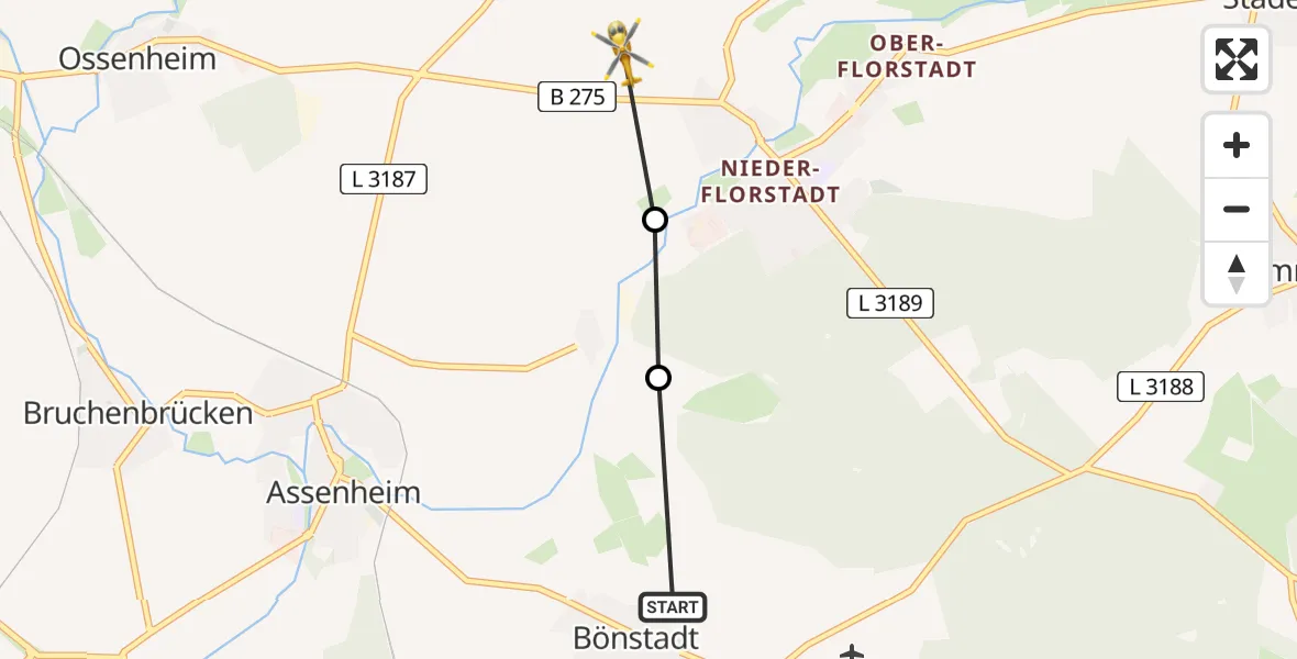 Flugroute Ambulanzhubschrauber Bönstadt - Nieder-/Ober-Florstadt, 11 Februar 2026, 09:45