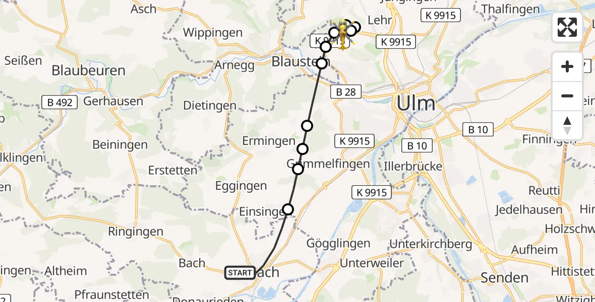 Flugroute Rettungshubschrauber Erbach - ADAC Air Rescue Station Ulm (Christoph 22), 11 Februar 2026, 09:47