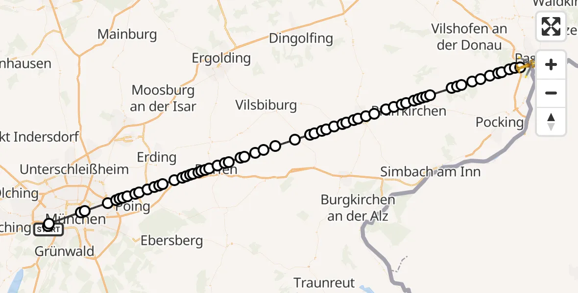 Flugroute Ambulanzhubschrauber DRF Air Rescue München Heliport - Passau, 11 Februar 2026, 09:51