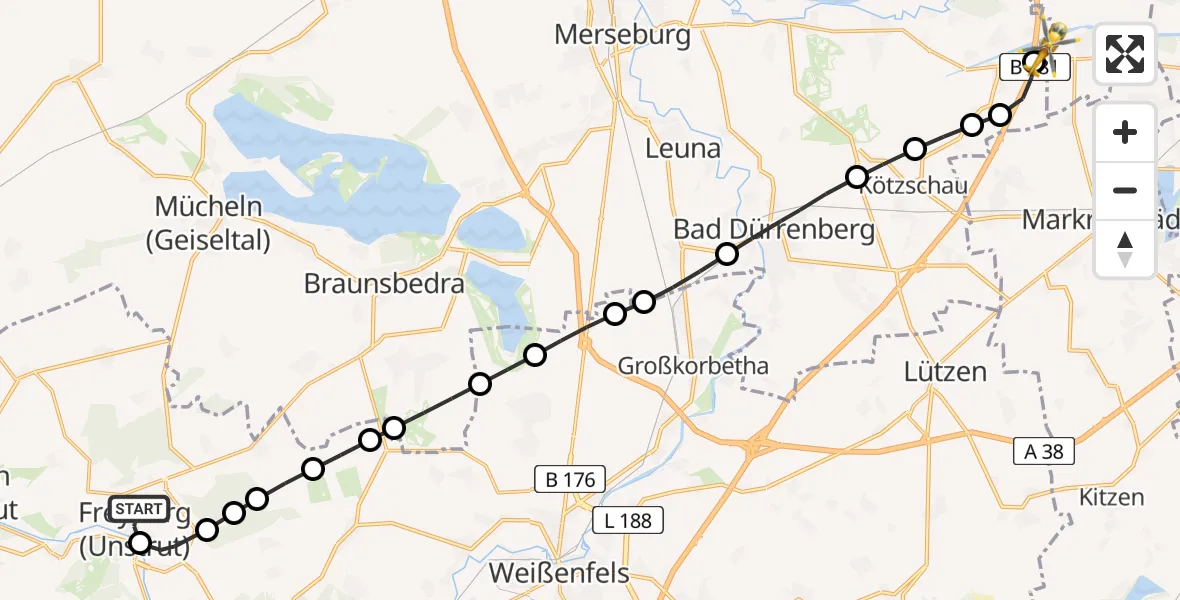 Routekaart van de vlucht: Rettungshubschrauber nach ADAC Air Rescue Station Leipzig/Schkeuditz-Dölzig Heliport (Christoph 61)