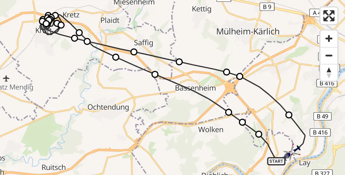 Flugroute Polizeihubschrauber Winningen - Koblenz-Winningen Airfield, 11 Februar 2026, 10:09