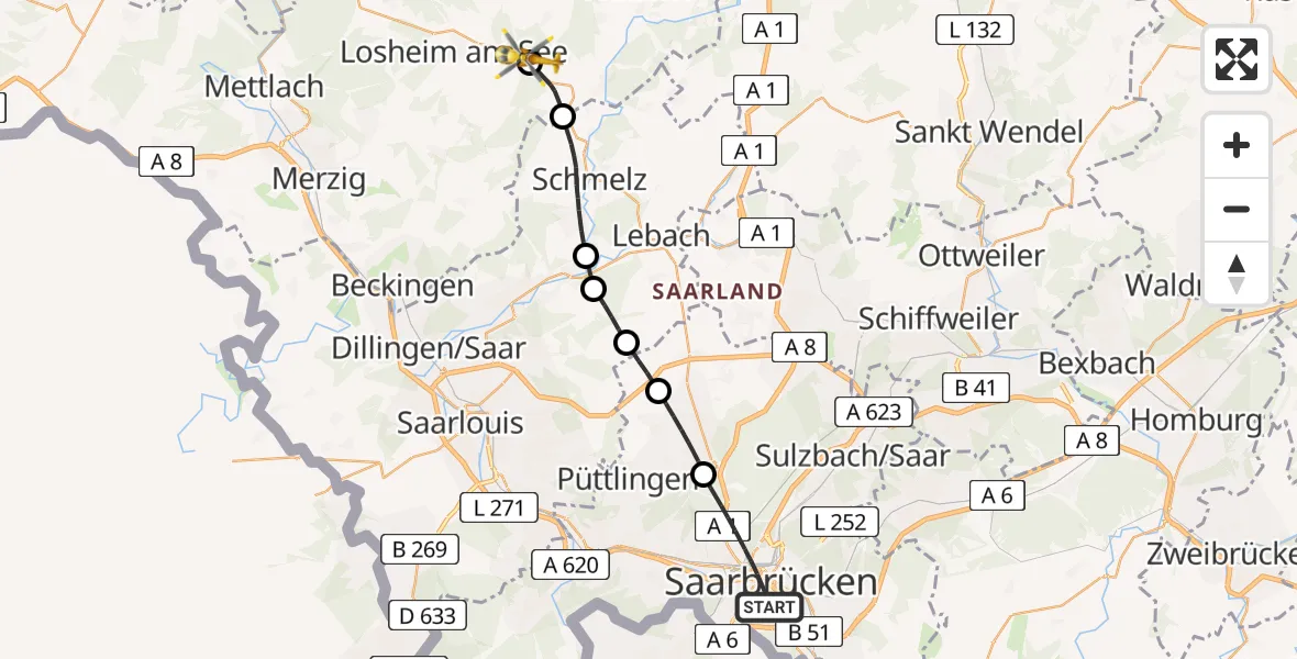 Flugroute Rettungshubschrauber Saarbrücken - Niederlosheim, 11 Februar 2026, 10:13