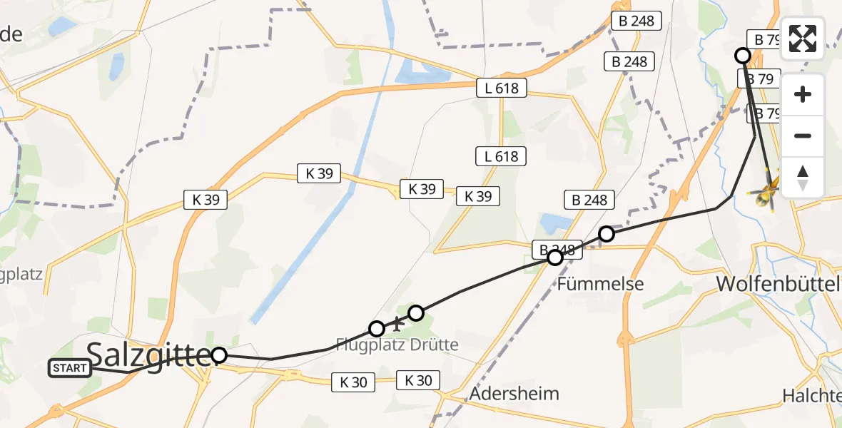 Flugroute Rettungshubschrauber Ortschaft Nord - Wolfenbüttel Municipal Hospital Heliport (Christoph 30), 11 Februar 2026, 10:14