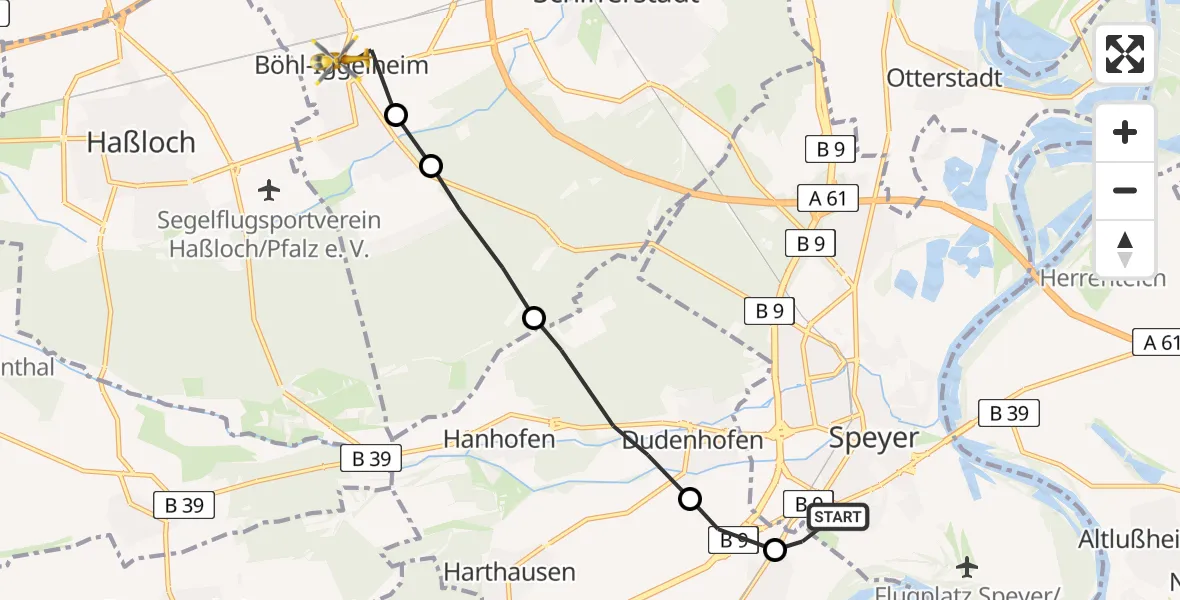 Flugroute Rettungshubschrauber Speyer - Böhl-Iggelheim, 11 Februar 2026, 10:15