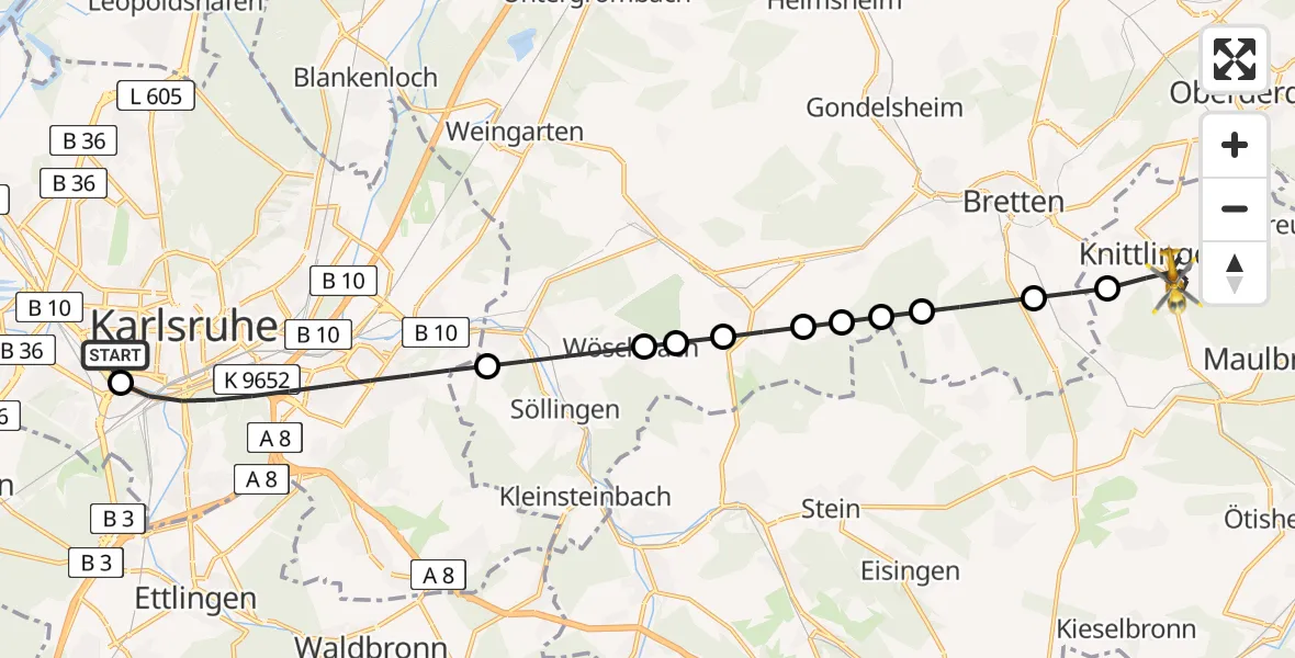 Flugroute Rettungshubschrauber Sankt Vincentius Hospital Heliport - Knittlingen, 11 Februar 2026, 10:21