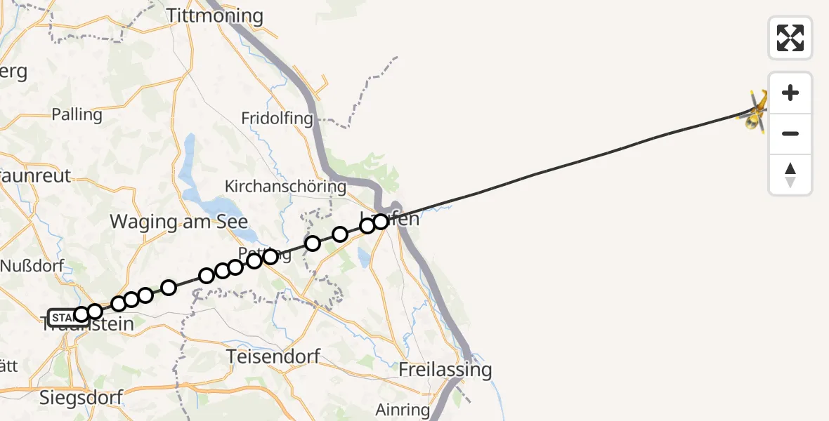 Flugroute Rettungshubschrauber Traunstein Hospital Helipad - Laufen, 11 Februar 2026, 10:23