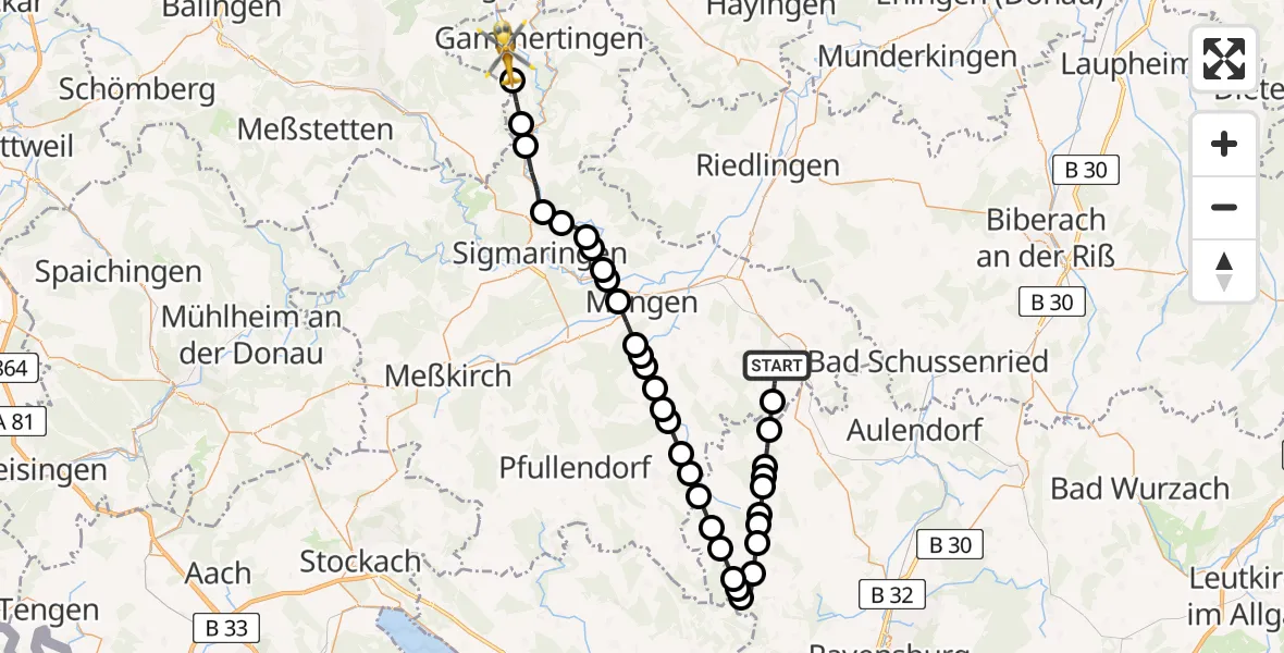 Flugroute Rettungshubschrauber Bad Saulgau - Neufra, 11 Februar 2026, 10:33