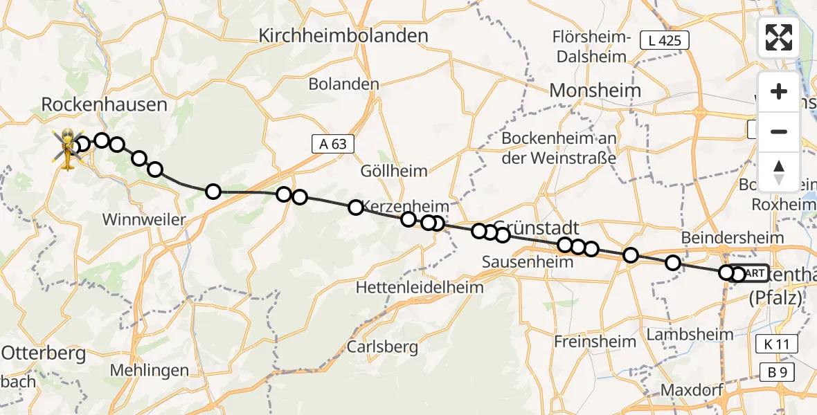 Flugroute Rettungshubschrauber Frankenthal (Pfalz) - Imsweiler UL, 11 Februar 2026, 10:49