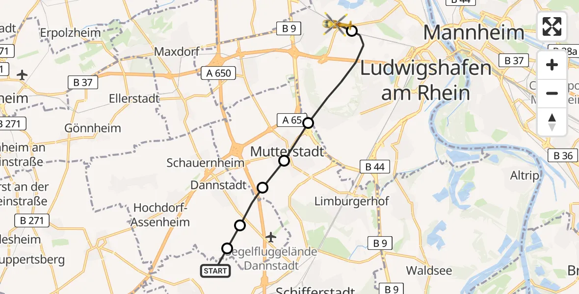 Flugroute Rettungshubschrauber Böhl-Iggelheim - Ludwigshafen am Rhein, 11 Februar 2026, 10:53