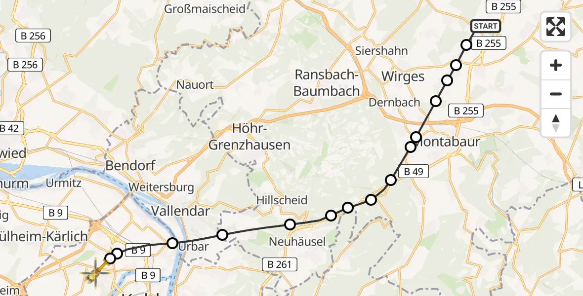 Flugroute Rettungshubschrauber Niederahr - Koblenz, 11 Februar 2026, 10:54