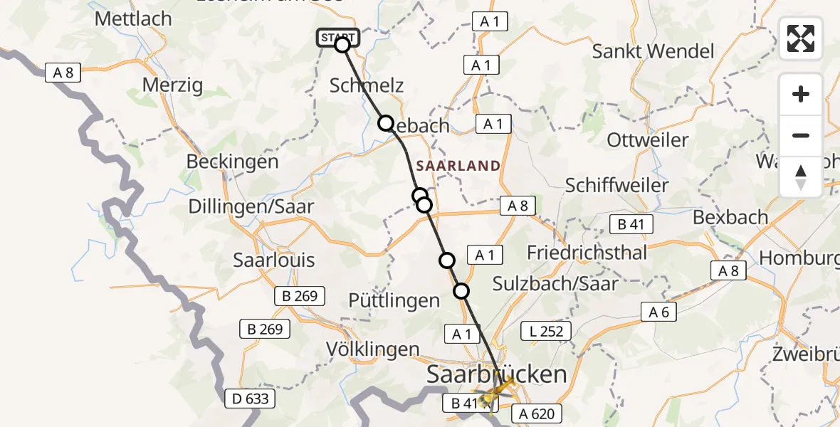 Flugroute Rettungshubschrauber Nunkirchen - Saarbrücken, 11 Februar 2026, 10:55
