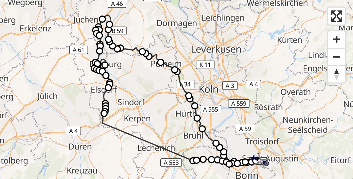Flugroute Polizeihubschrauber Meindorf - Sankt Augustin, 11 Februar 2026, 10:59